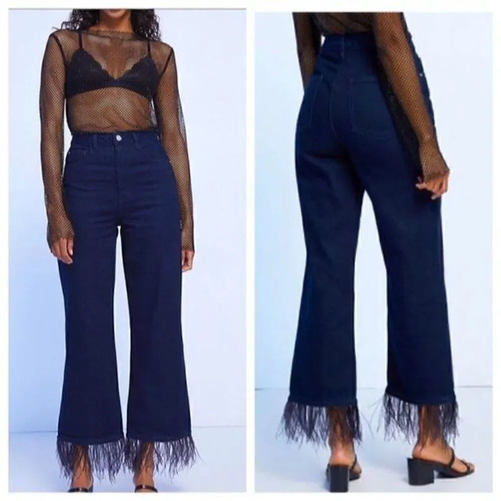 WeWoreWhat Straight Leg Dark Wash Jeans with Feather Accent Hem Size 30